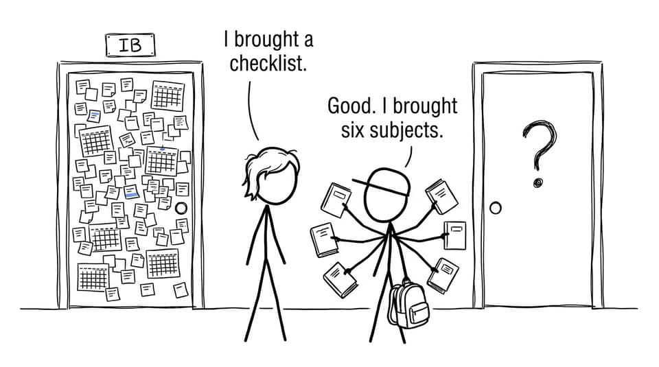 A parent brings a checklist while a student brings six subjects