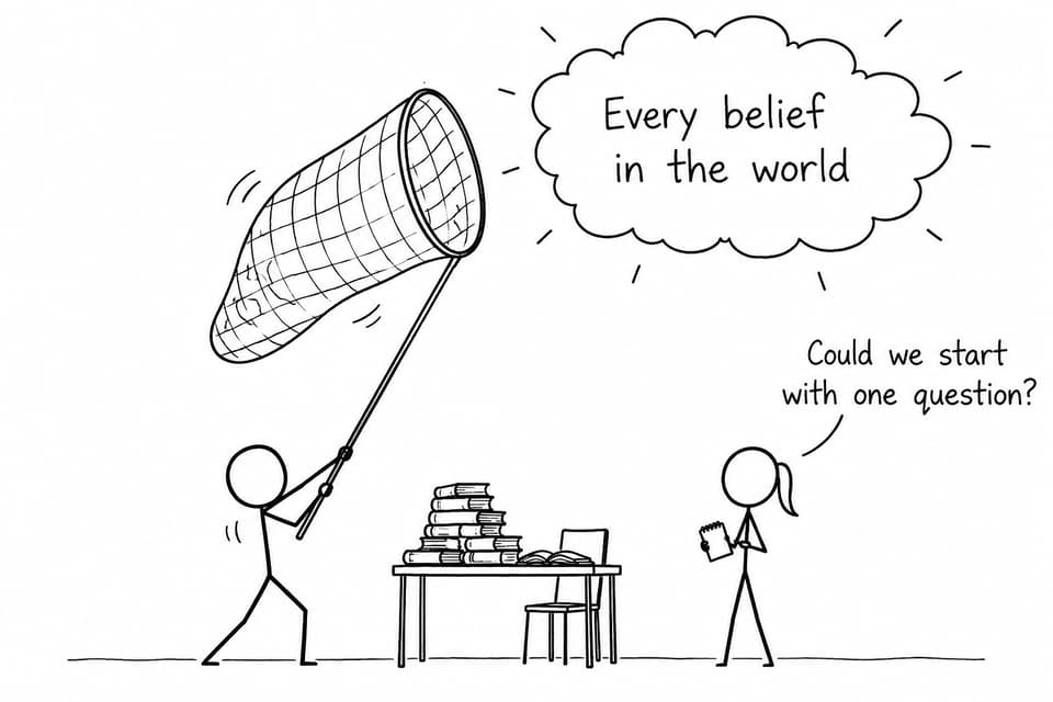 A student tries to capture every belief in the world while another suggests starting with one question
