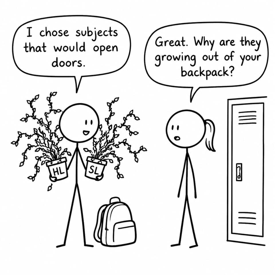 Two students discuss HL and SL plants growing out of a school backpack