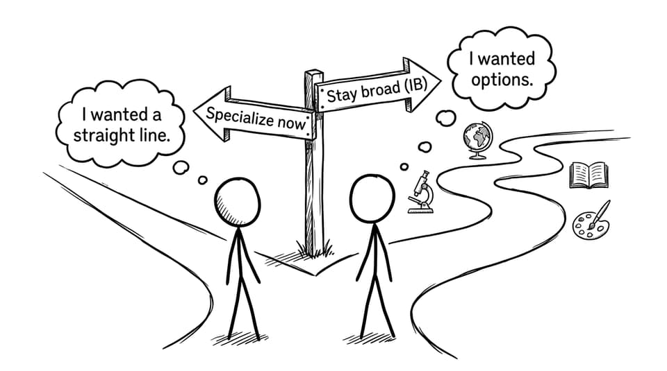 Two stick figures choosing “Specialize now” vs “Stay broad (IB)” path