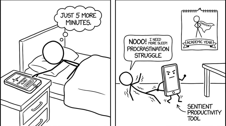 An alarm clock drags a student to the desk while “Consistency” wears a cape
