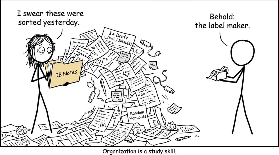 A student opens an IB Notes folder and papers avalanche out