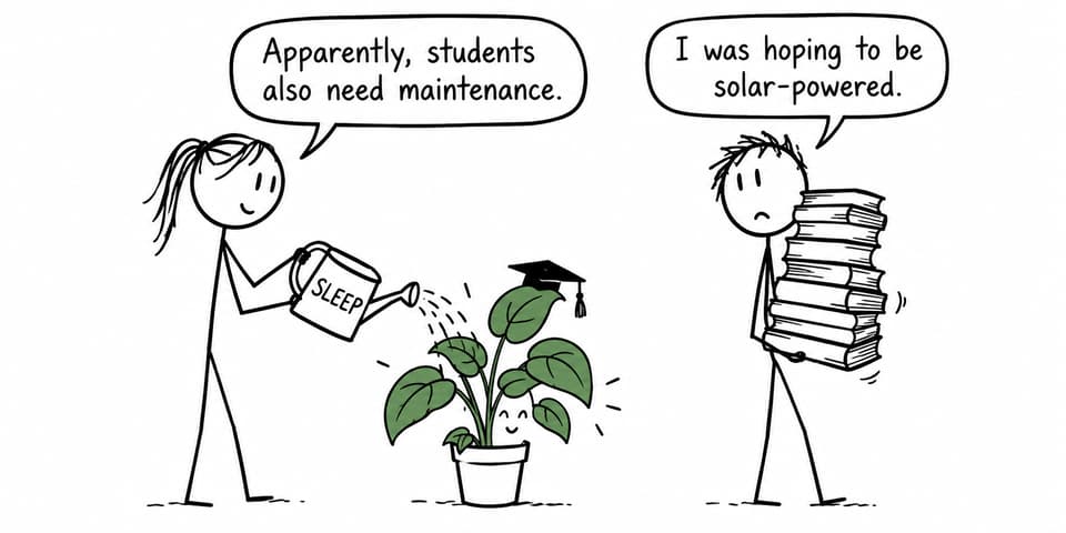 Two students discuss sleep while caring for a graduation-ready houseplant