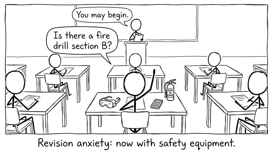 Student in a lab-exam hall asking about fire drills in XKCD style