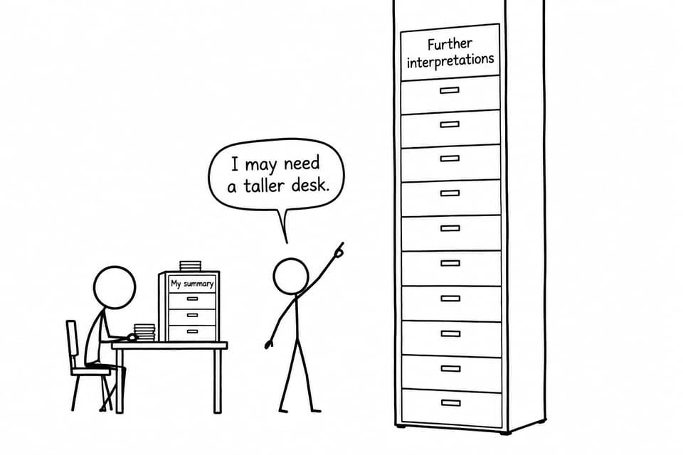 Two students confront a filing cabinet of further interpretations while organizing a small summary.