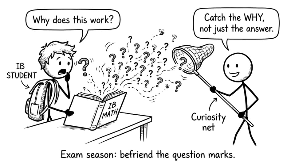 A swarm of question marks escapes an IB Math book