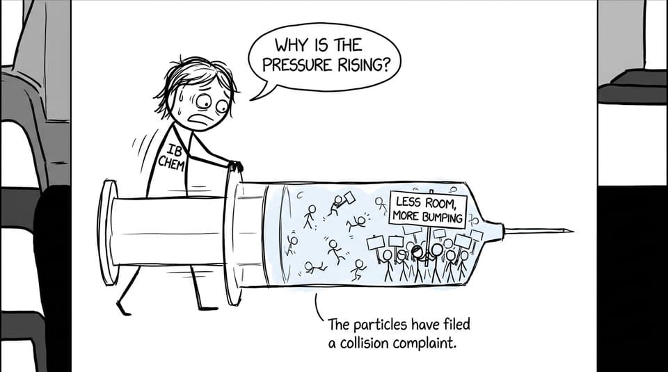 An IB chemistry student compresses a syringe while gas particles complain about collisions