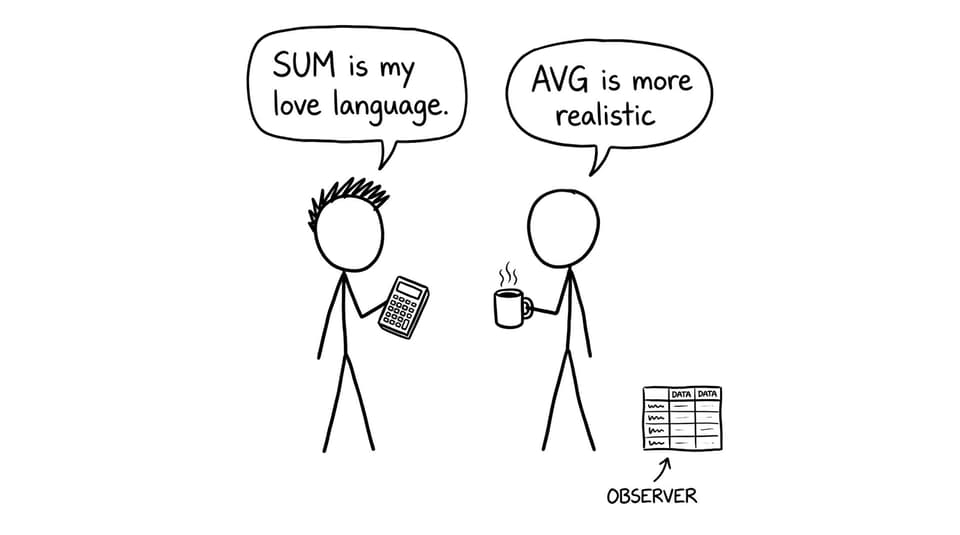 Two students argue: “SUM is my love language” vs “AVG is more realistic.”