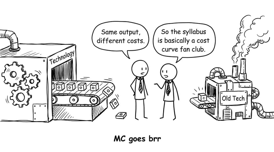 Machines labeled Technology and Old Tech with students joking about cost curves