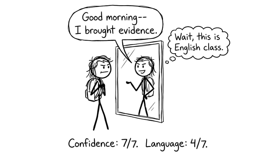 Student rehearsing confidence in a mirror