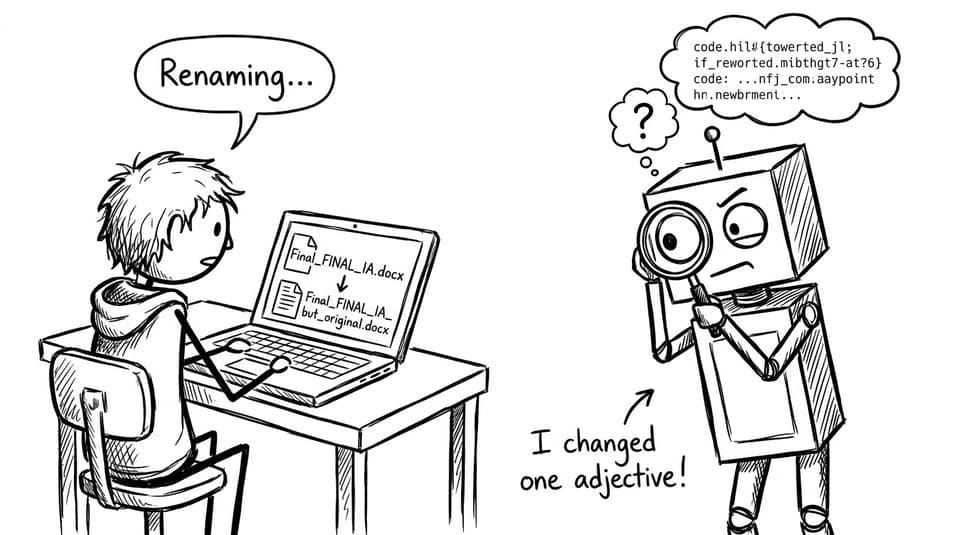 Student renaming a file while a plagiarism robot squints