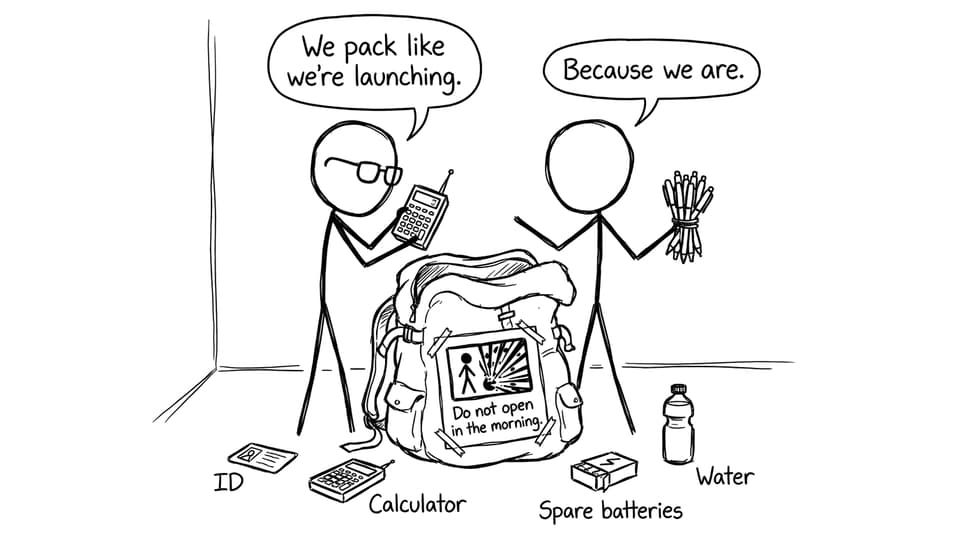 Two stick figures packing a backpack like a space mission