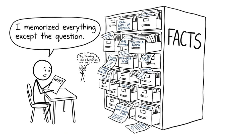 XKCD-style comic about memorising historical facts without answering why