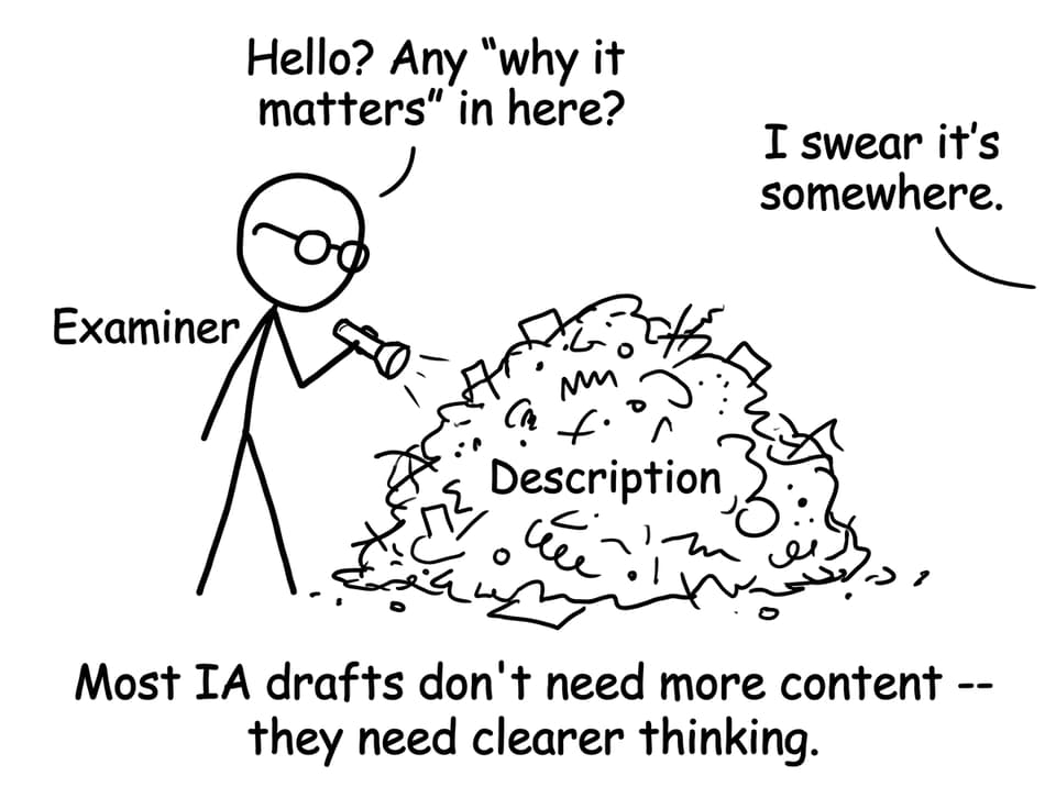 Examiner searching for analysis in a pile of description