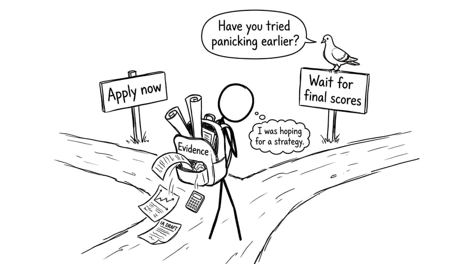 An IB student choosing between applying now or waiting, with a sarcastic pigeon advisor