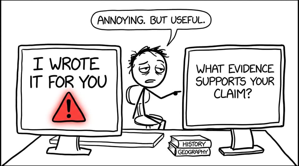 XKCD-style comic showing a student choosing an AI tutor that asks for evidence instead of writing the homework