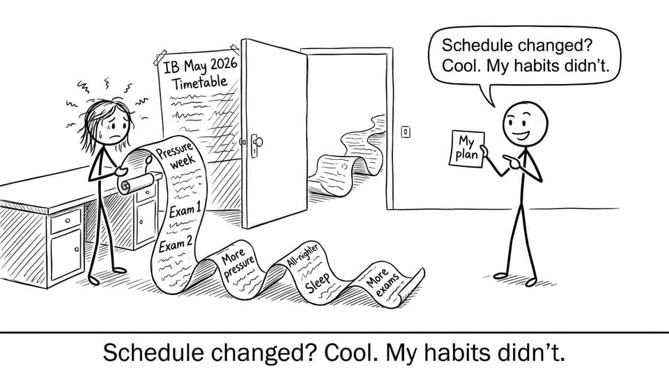 Student with long timetable scroll and tiny plan note