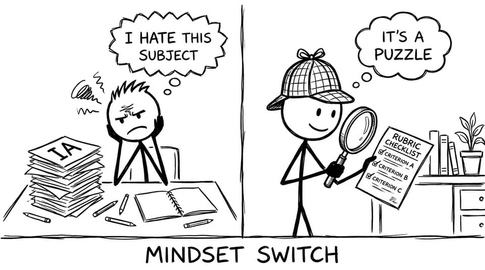 Two-panel mindset shift from “I hate this subject” to “It’s a puzzle”