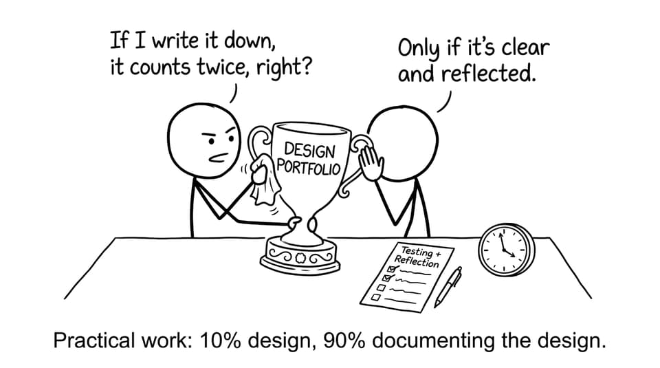 Practical work: 10% design, 90% documenting the design.