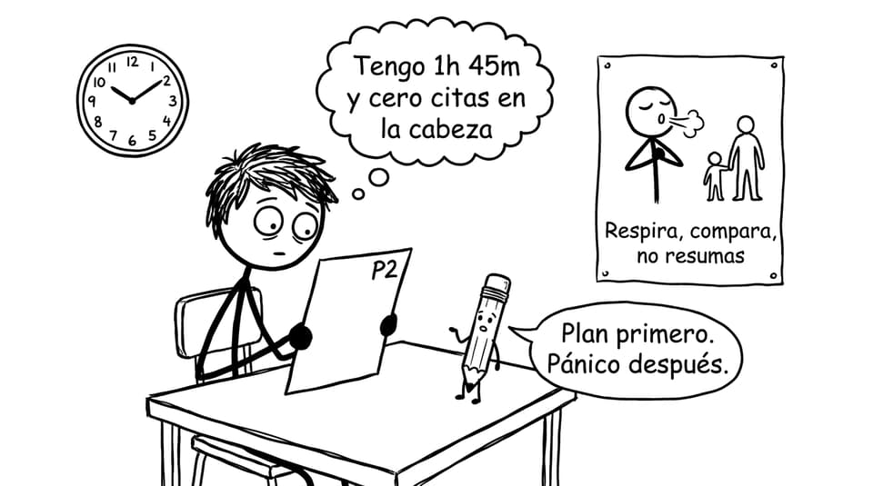 Comic: reloj, hoja en blanco y plan primero