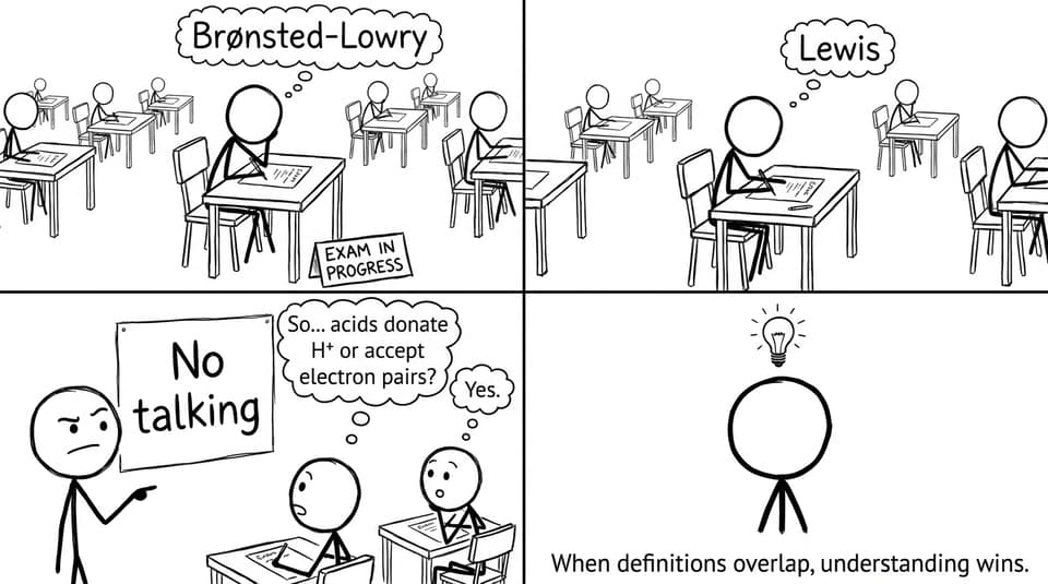 Comic about Brønsted-Lowry vs Lewis definitions during an exam