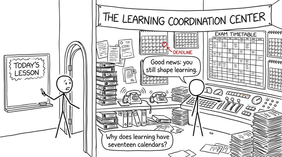 Comic showing a teacher entering an enormous IB coordination control room full of calendars