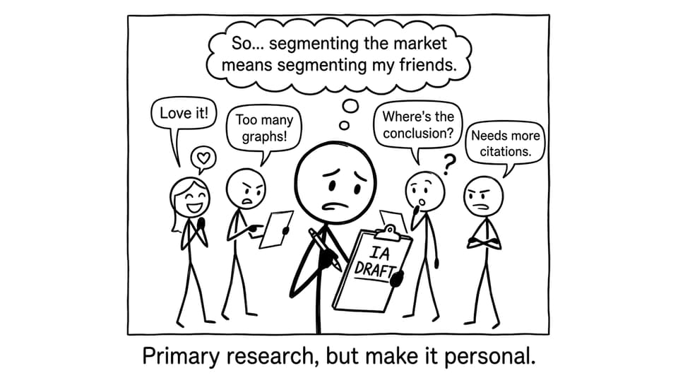 IB student collecting "customer feedback" on an IA draft