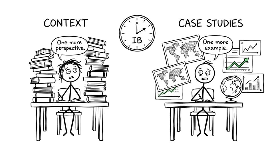 Two different but equally busy IB study desks