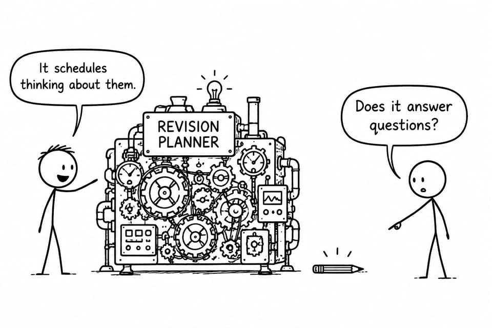 A student presents an elaborate revision planner while another asks whether it answers questions