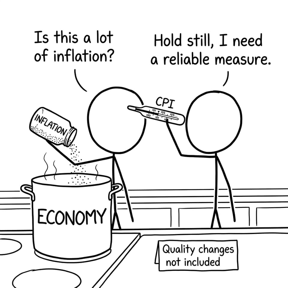 Two students argue while a thermometer labeled CPI tries to measure a pot labeled Economy