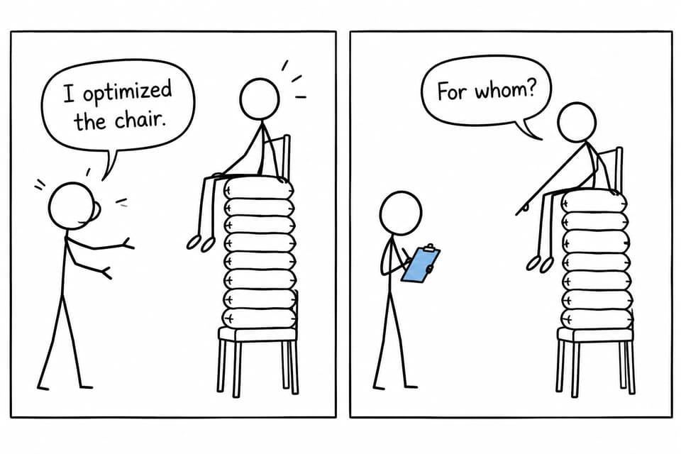 A designer presents an impractically tall cushioned chair before a user asks who it was optimized for.