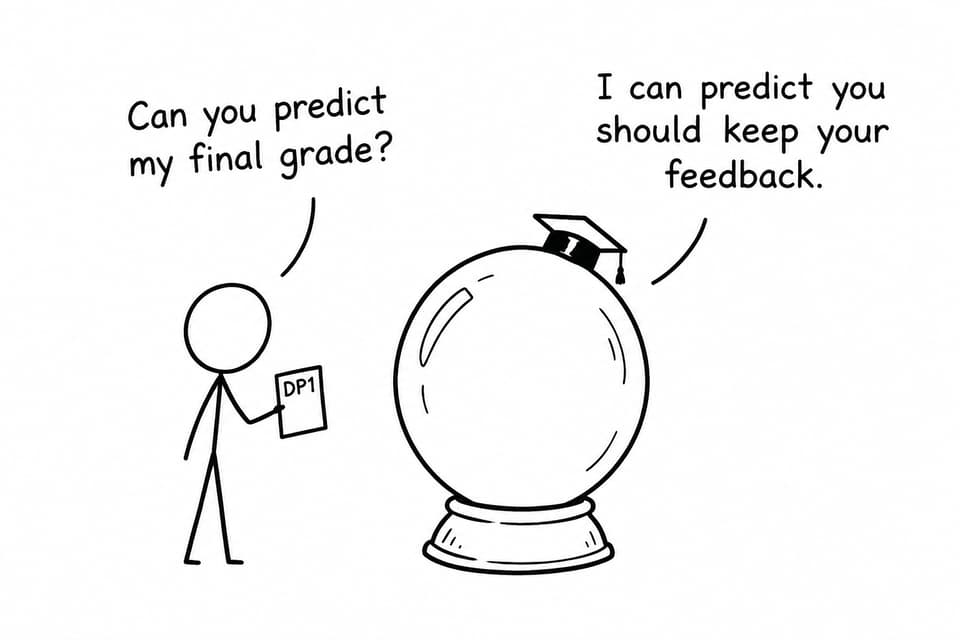 A DP1 student asks a graduation-capped crystal ball to predict a final grade, and the crystal ball advises keeping feedback