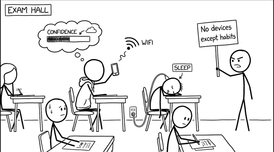 Exam hall: student tries to download confidence from Wi‑Fi; another plugs in “sleep”; invigilator says “No devices except habits”