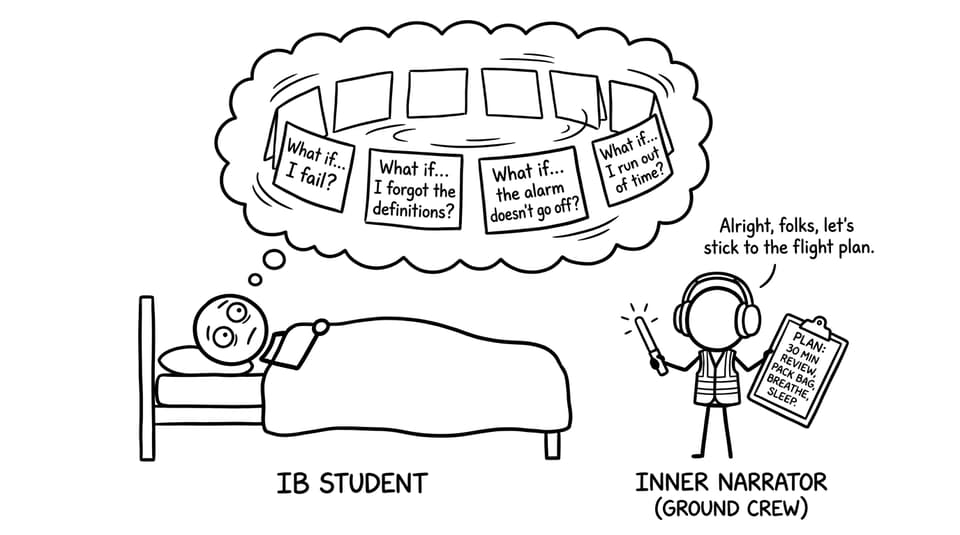 An IB student’s brain running a “What if…” projector while a clipboard narrator runs a calm plan