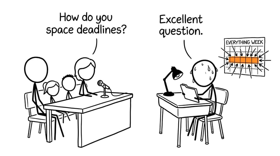 A family asks a school desk how it spaces IB deadlines