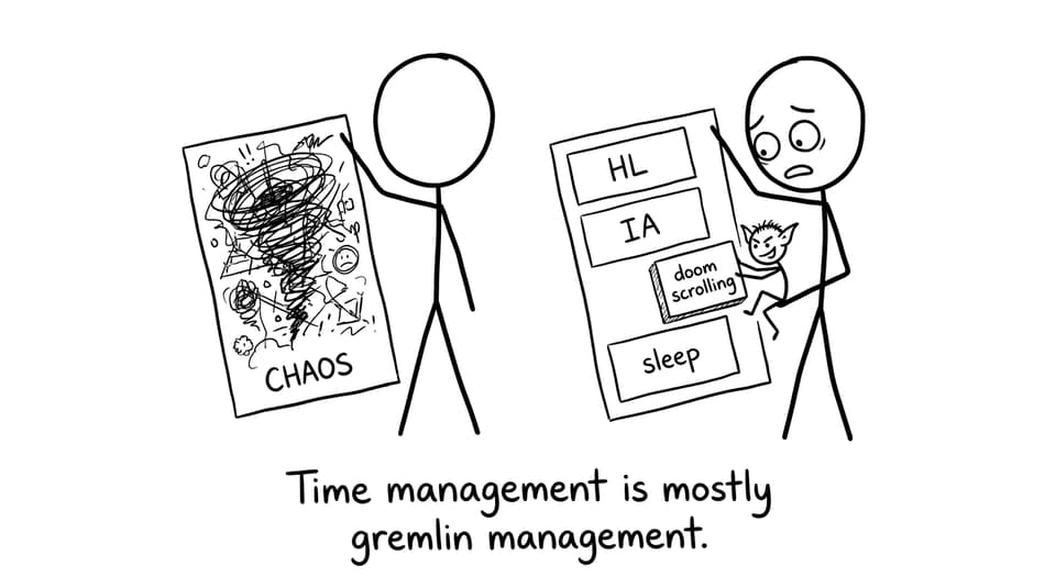 Two students compare planners; a gremlin tries to add doom scrolling