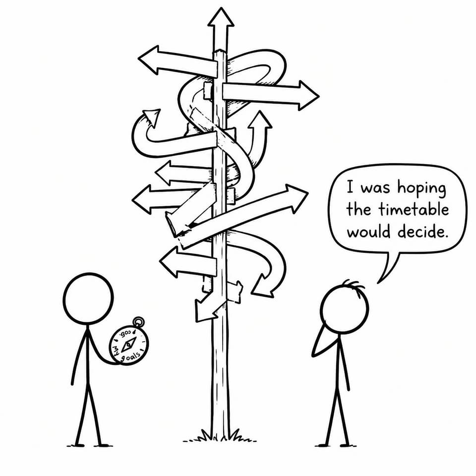 Two students face a complicated branching sign while one relies on a compass labelled My goals.