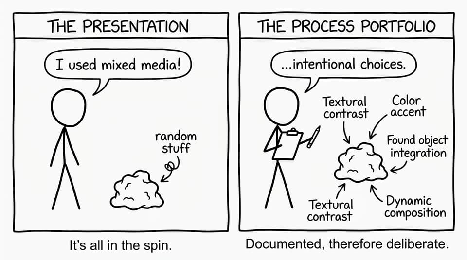 Two panels: “random stuff” becomes intentional choices with reflection