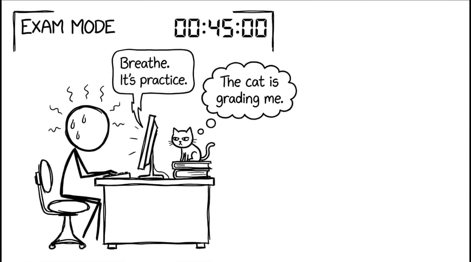 Student in EXAM MODE with timer, computer says breathe, cat judges