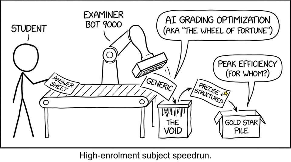 Examiner robot shredding generic answers, gold-starring precise ones