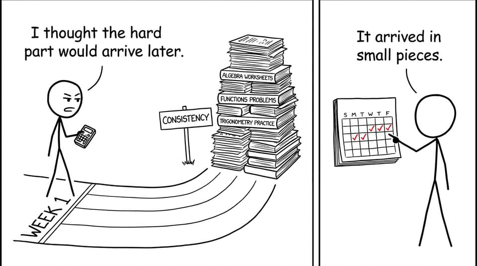 Comic about the surprising pace of first-term Math AA