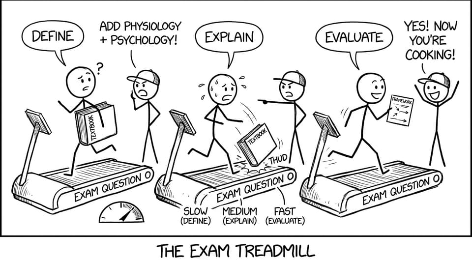 Command terms on a treadmill labeled “Exam Question”