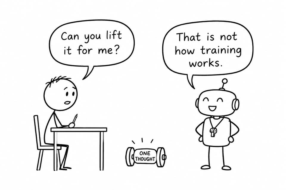 A student asks a small robot coach to lift a tiny weight labelled one thought, and the coach explains that training does not work that way.