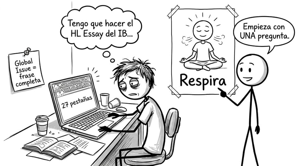 Un estudiante con 27 pestañas abiertas del IB y un amigo que le dice que empiece con una pregunta
