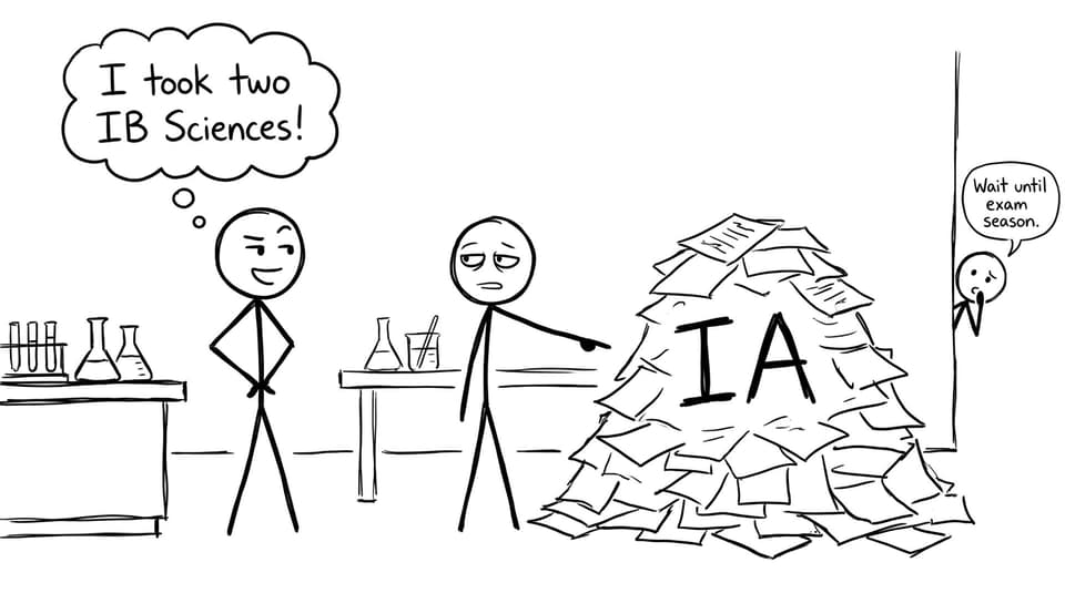 Two stick-figure students brag about taking two sciences while a mountain of IA reports looms