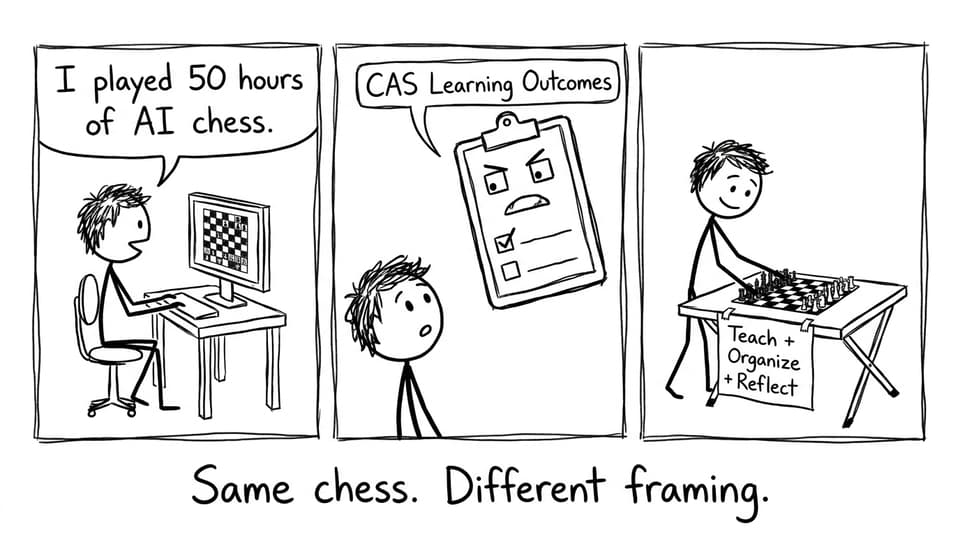 Three-panel comic: from AI chess hours to CAS outcomes