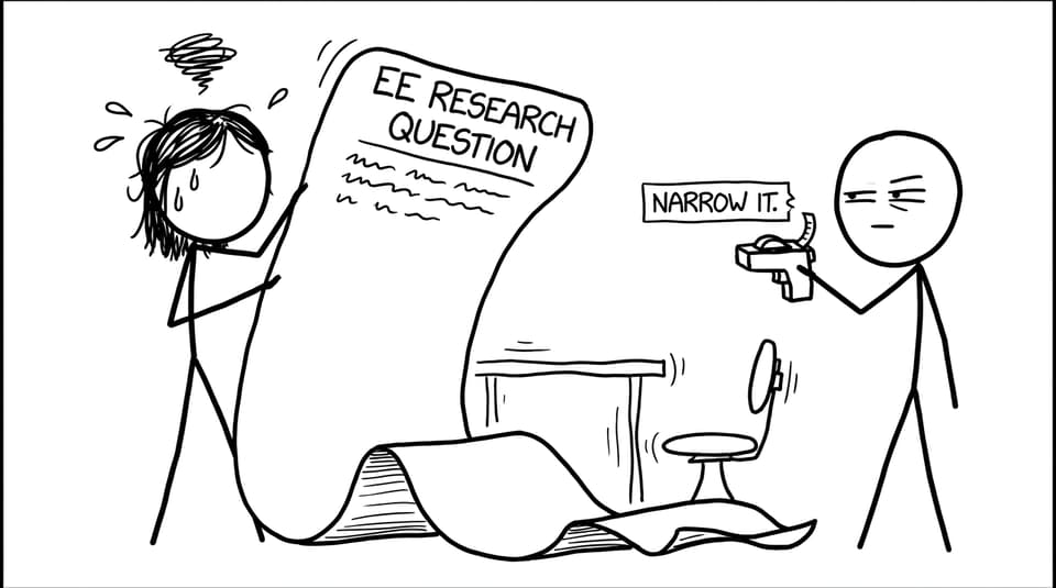 A too-long research question gets "Narrow it" feedback