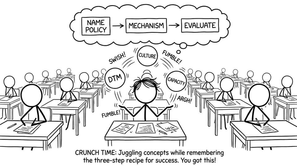 A student juggling “DTM”, “culture”, and “capacity” flashcards while trying to write an evaluation paragraph