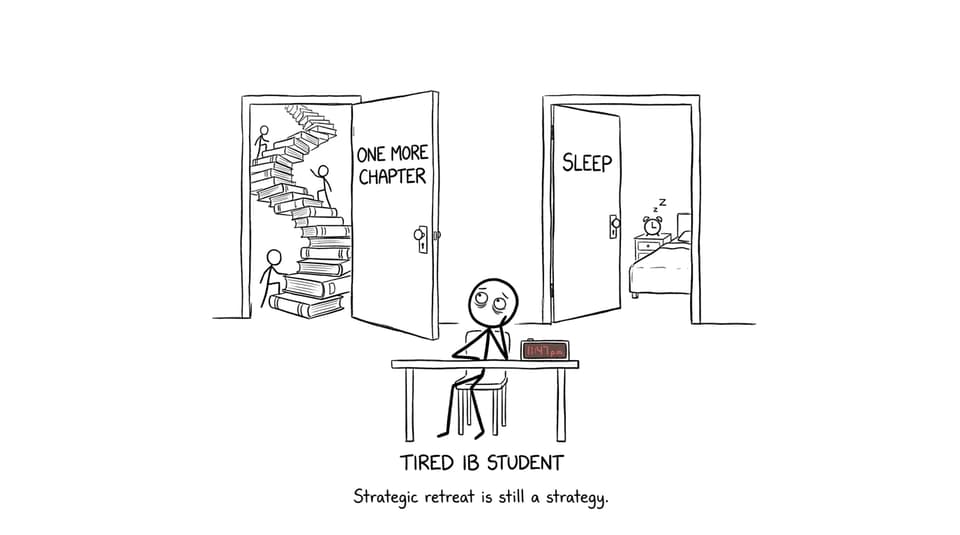 An IB student chooses between an endless staircase of books and sleep