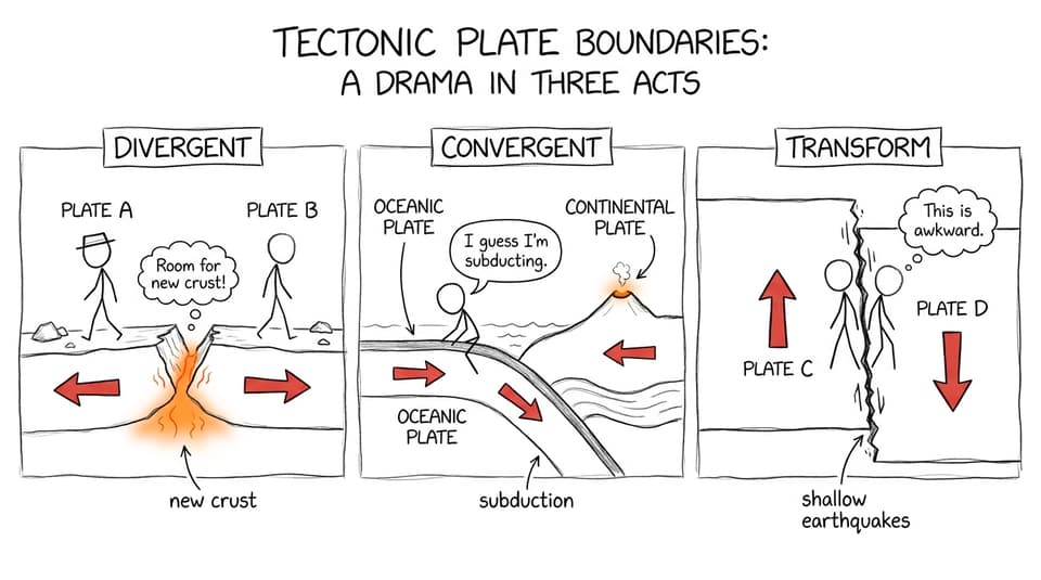 Comic diagram comparing divergent, convergent, and transform plate movement